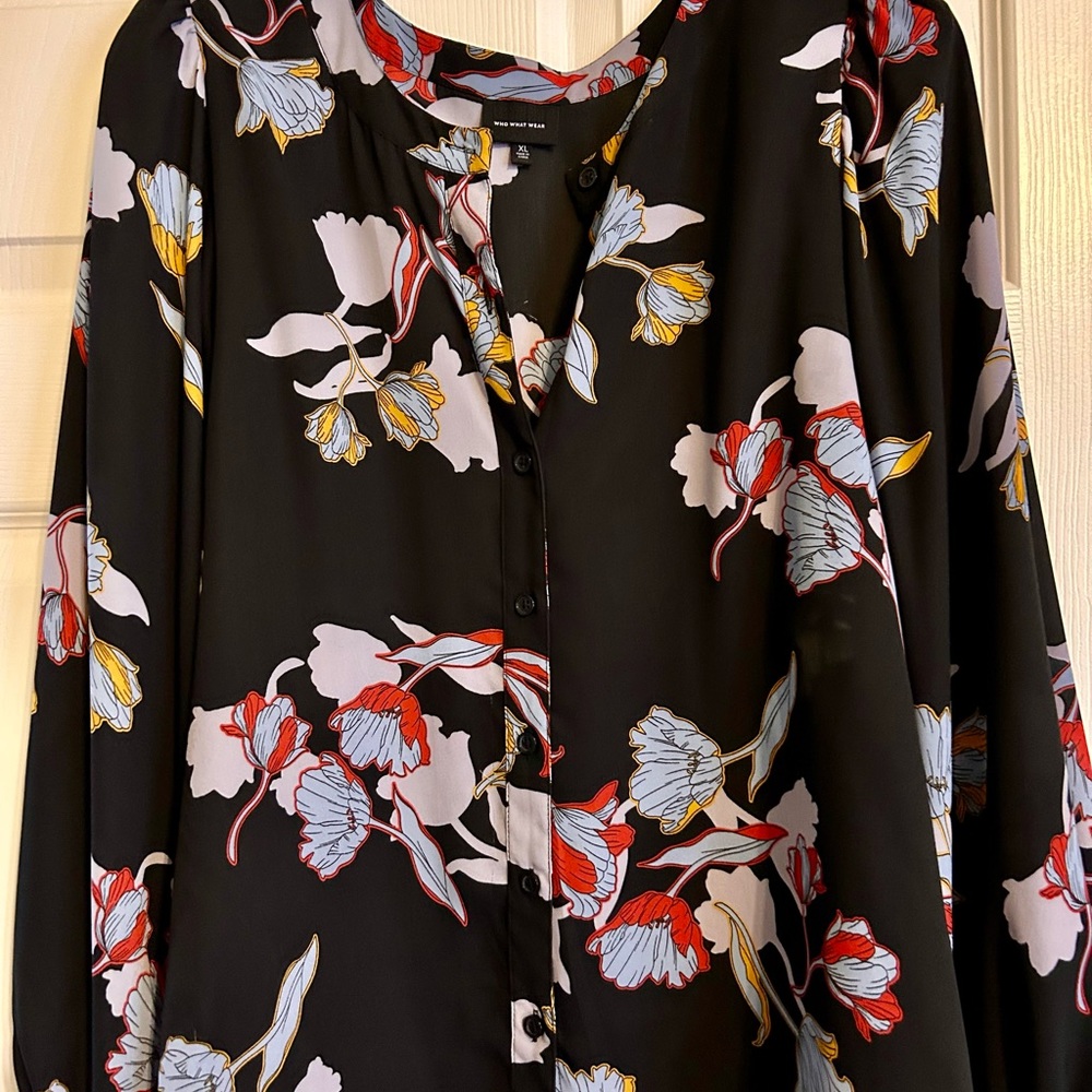Black button up blouse with flower print